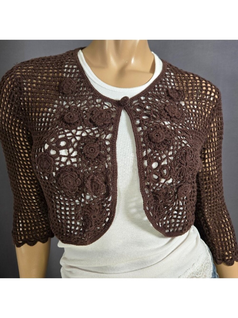 Vintage Y2K Brown Crochet Shrug Cardigan Size M Cotton Fairy Grunge Boho